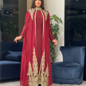 Kadın Altın İşlemeli Kırmızı Kaftan Elbise
