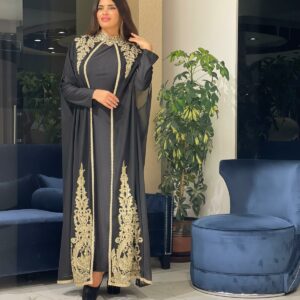Kadın Altın İşlemeli Siyah Kaftan Elbise